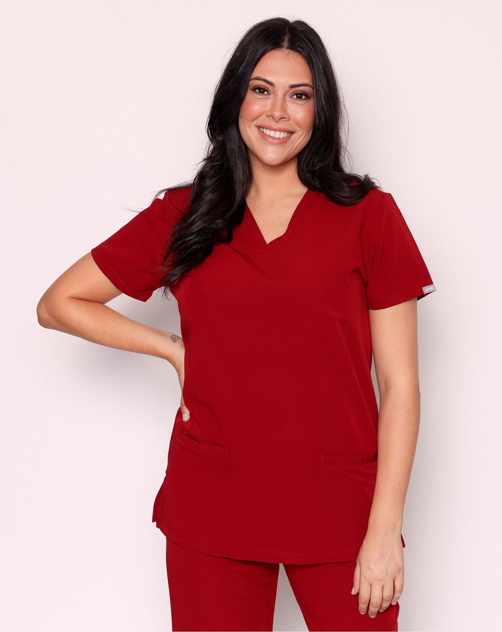 Ari Women's Long Length Scrub Top | Burgundy