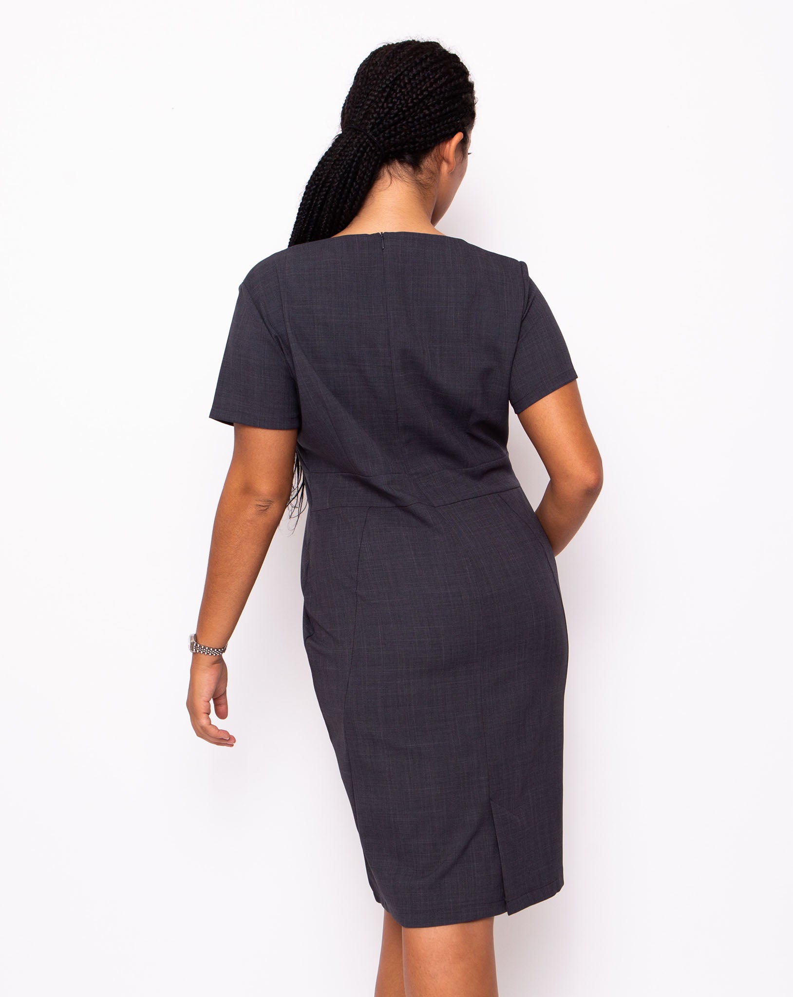 Couture Women's V Neck Work Dress | Steel Grey