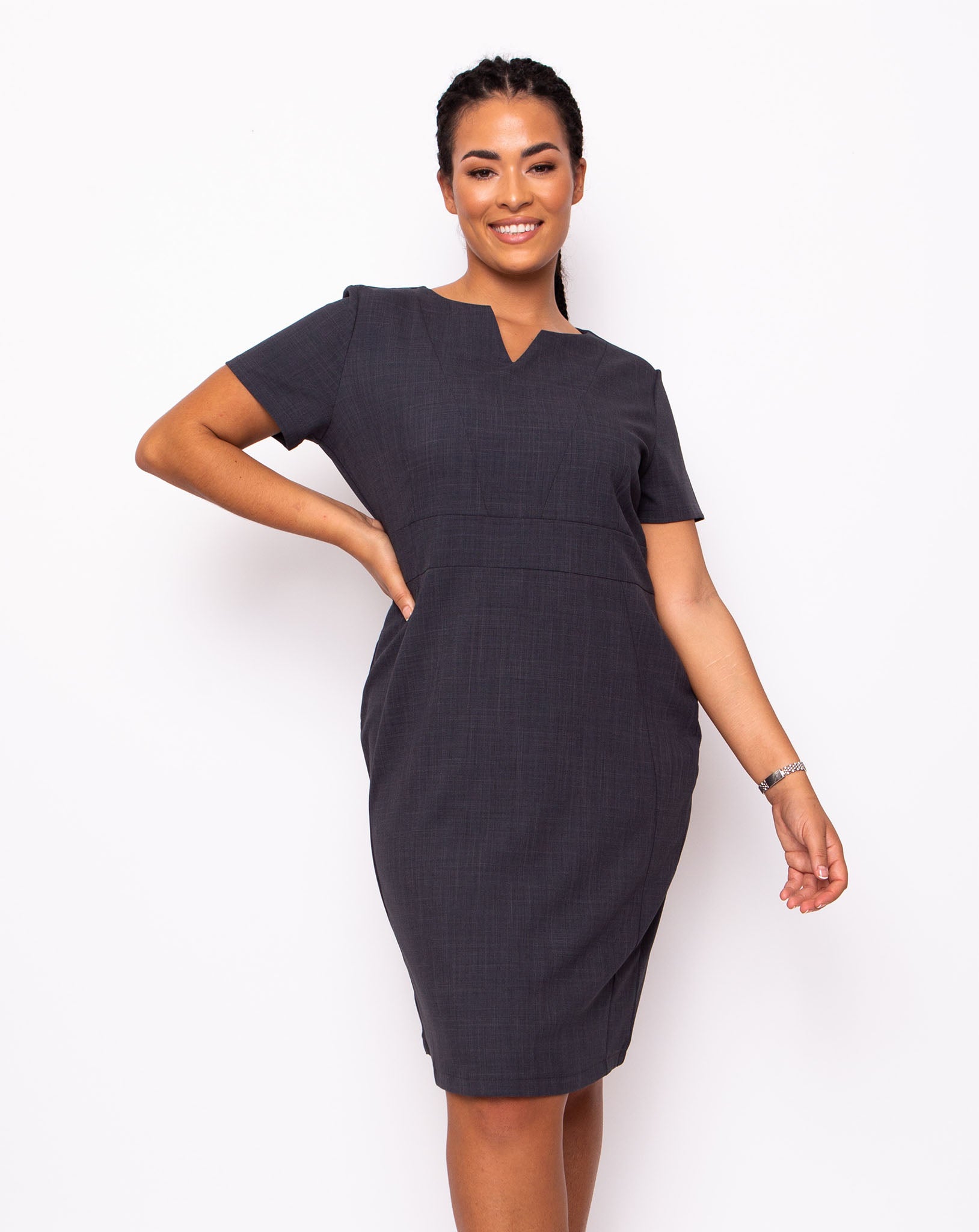 Couture Women's V Neck Work Dress | Steel Grey