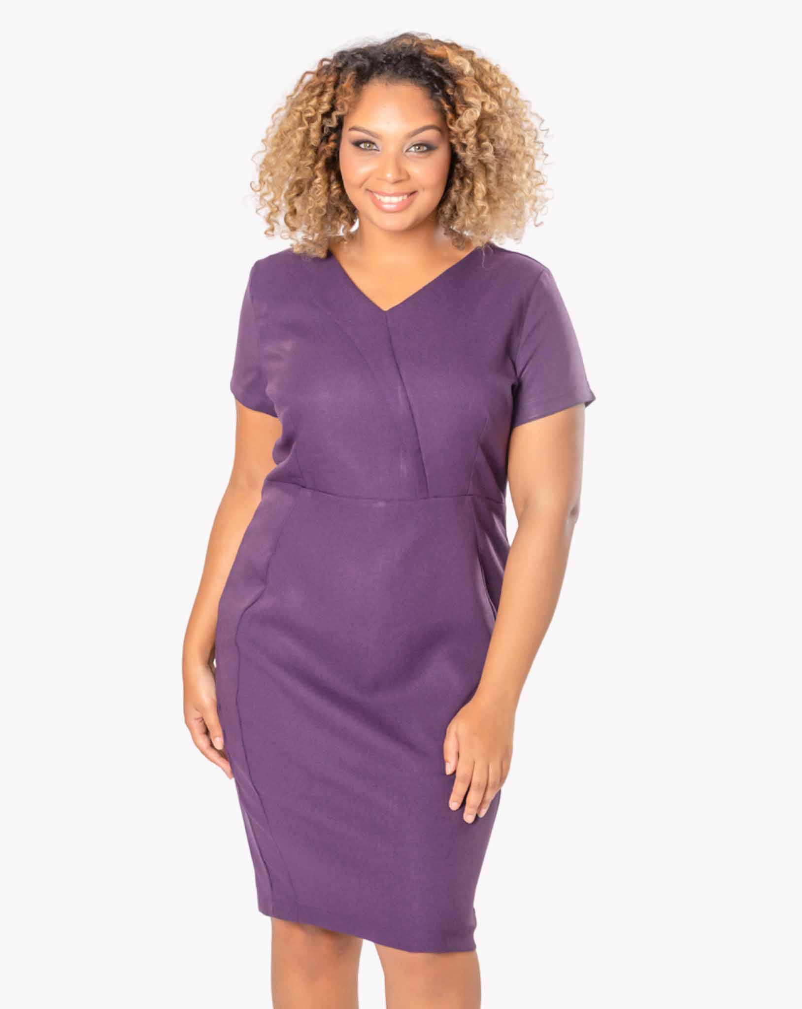 V-Neck Aubergine Luxury Twill Work Dress