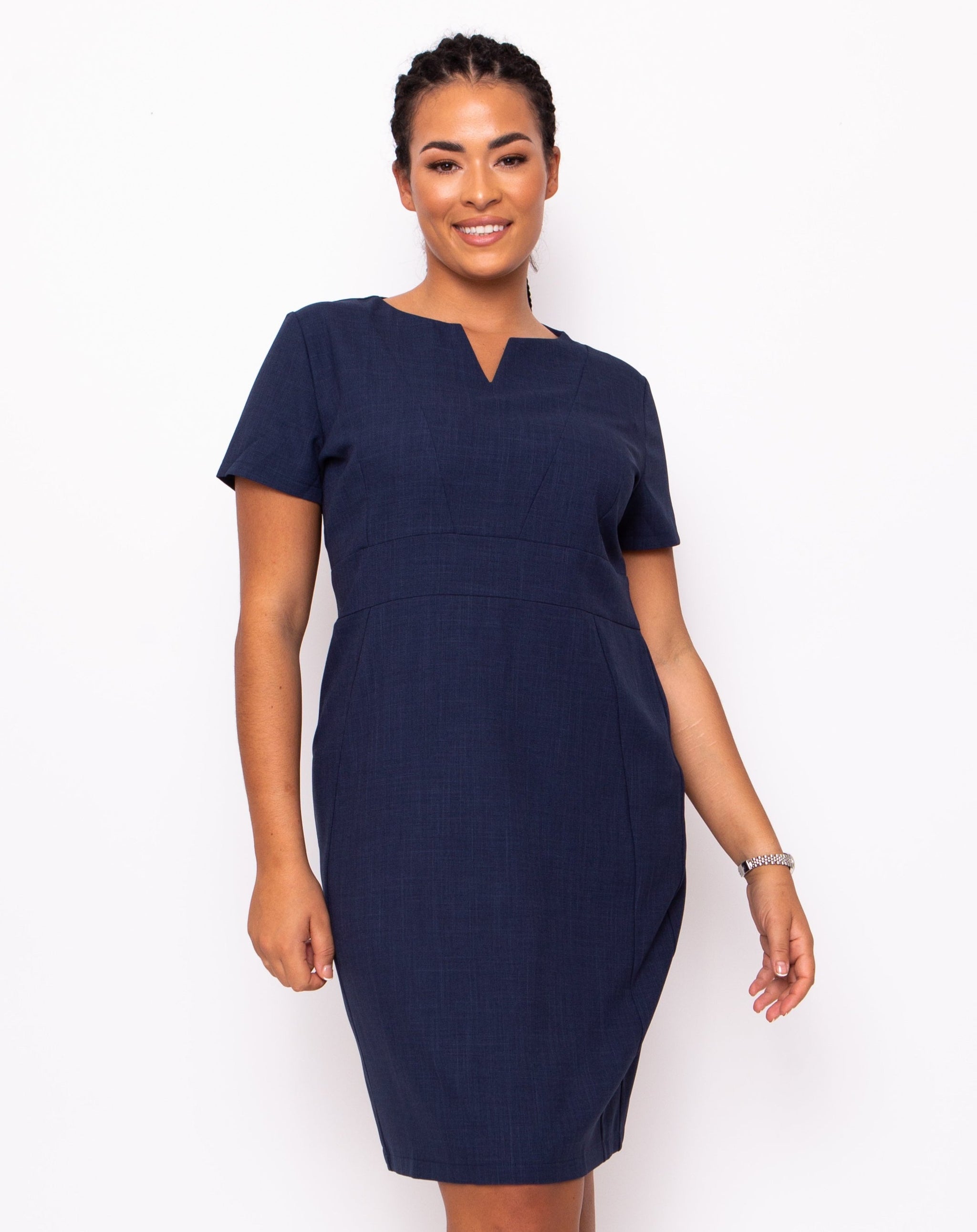 Couture V-Neck Womens Navy Blue Work Dress
