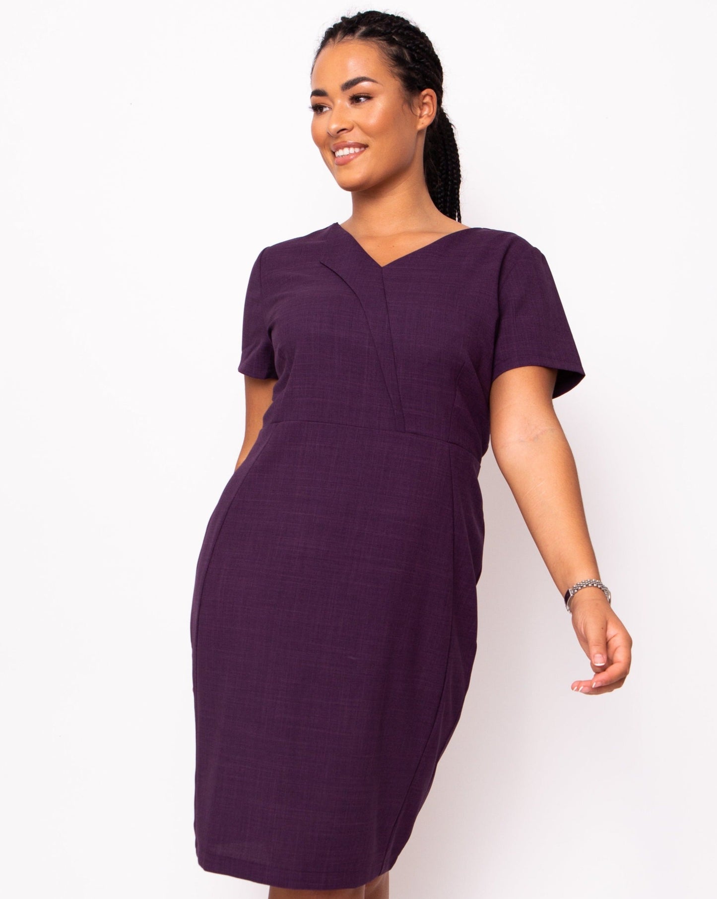 plum fitted work dresses