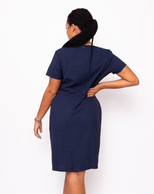 Couture V-Neck Womens Navy Blue Work Dress