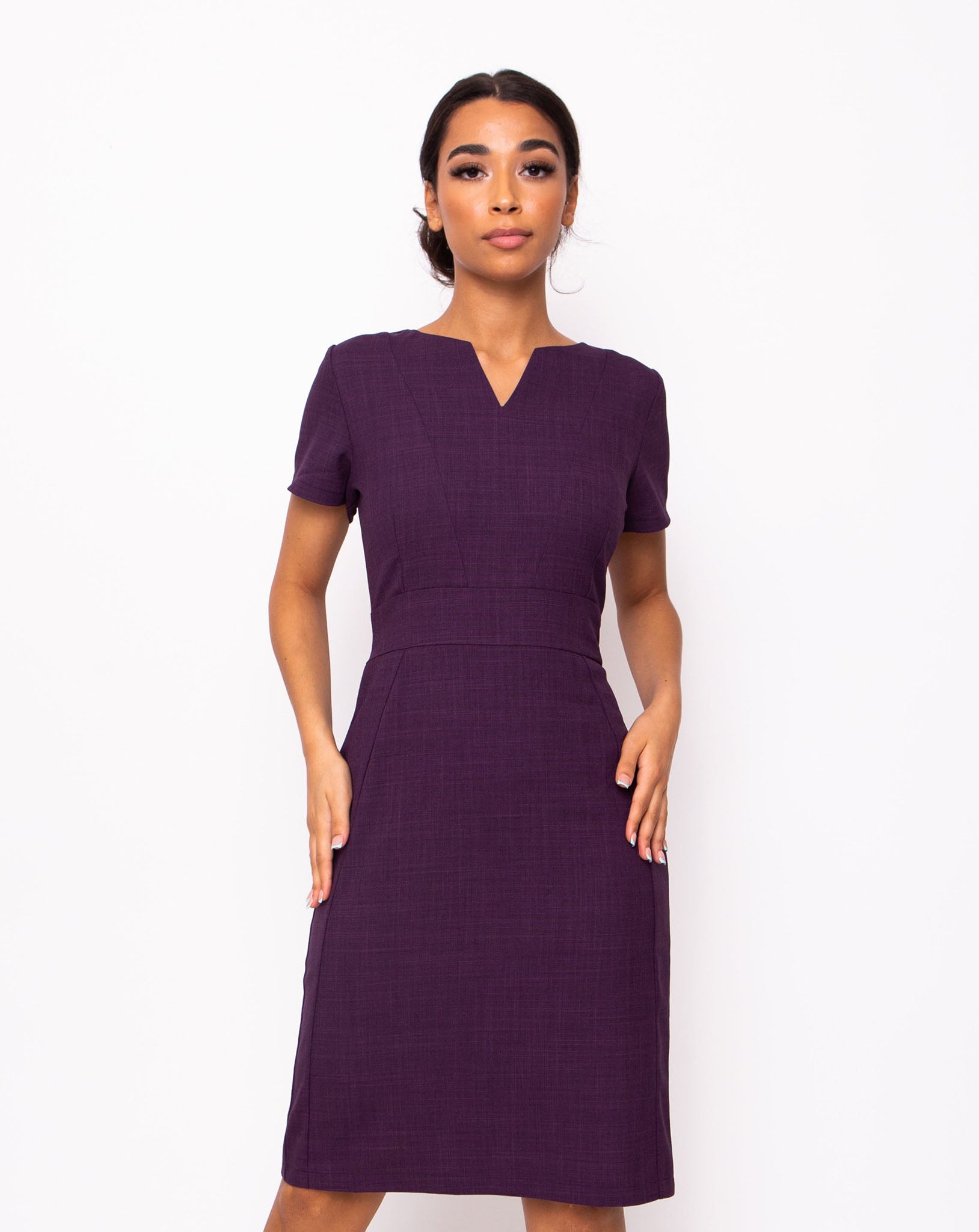 Couture V-Neck Work Dress - Plum