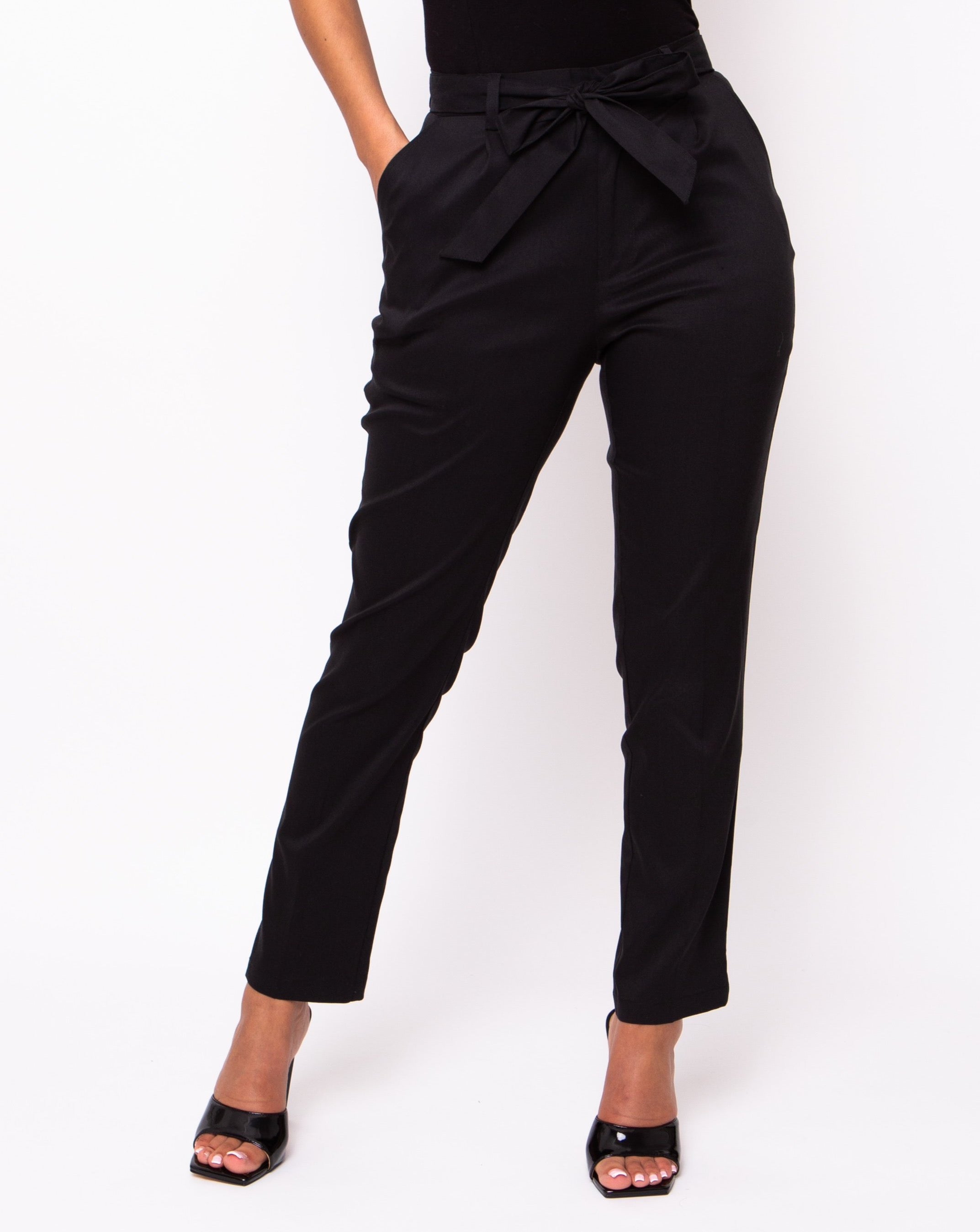 Cosmopolitan Waist Tie-Belt Trousers - Black