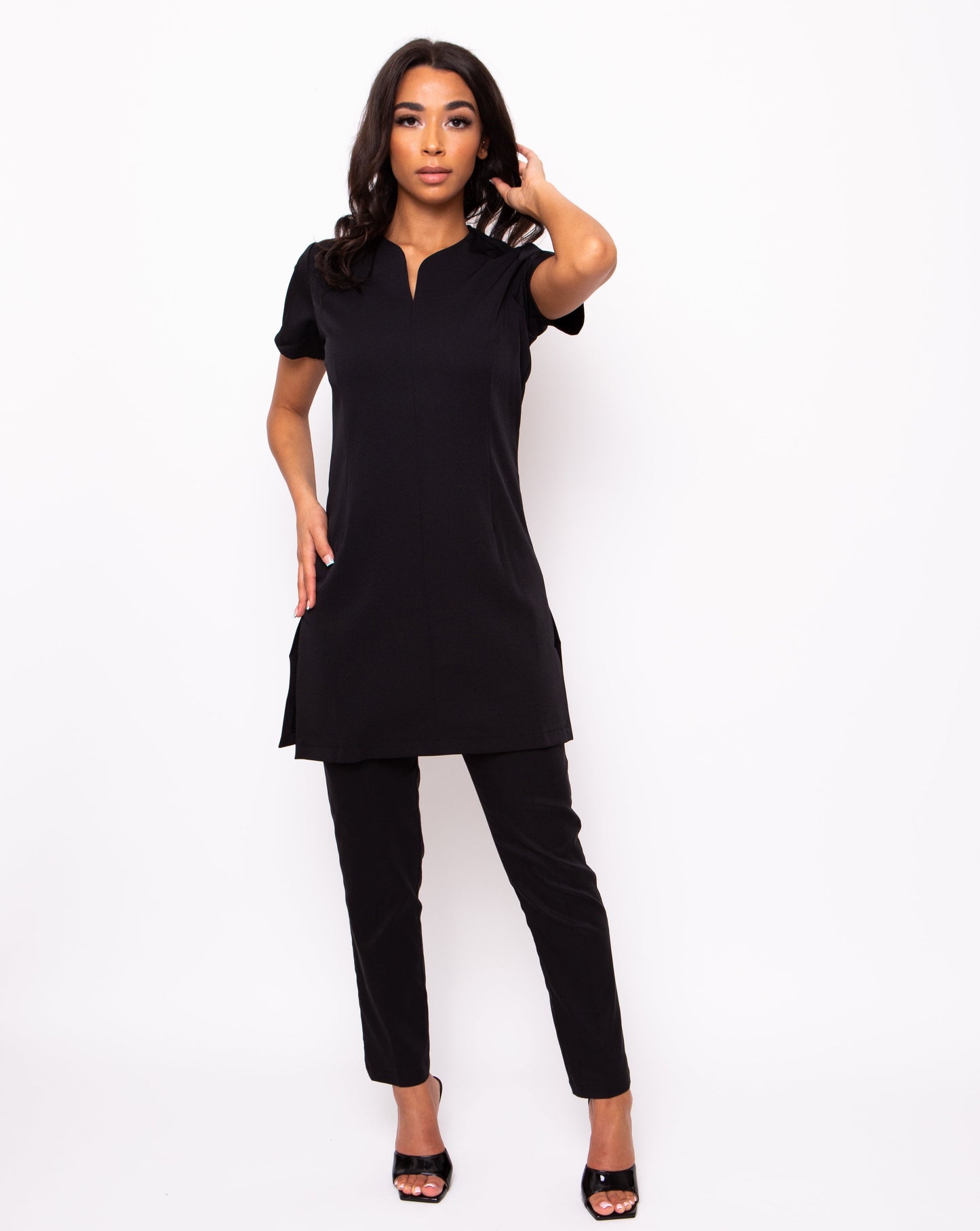 black spa tunic and trousers