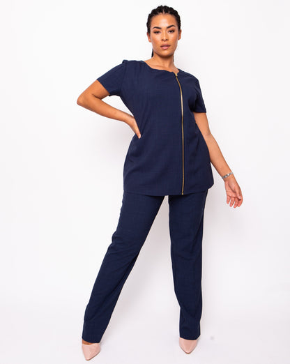 gold zip front navy tunic and trouser