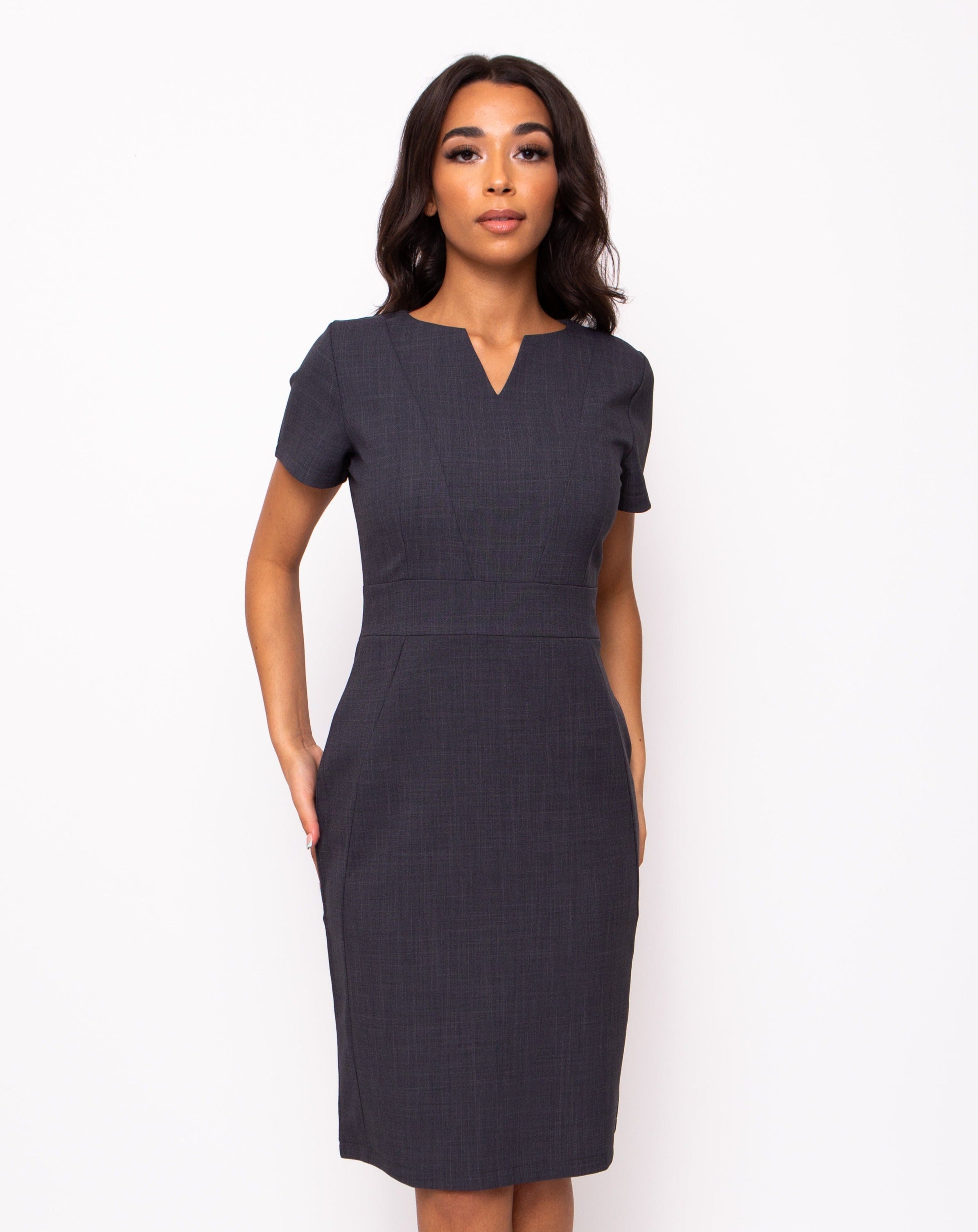 Couture V-Neck Work Dress - Steel Grey