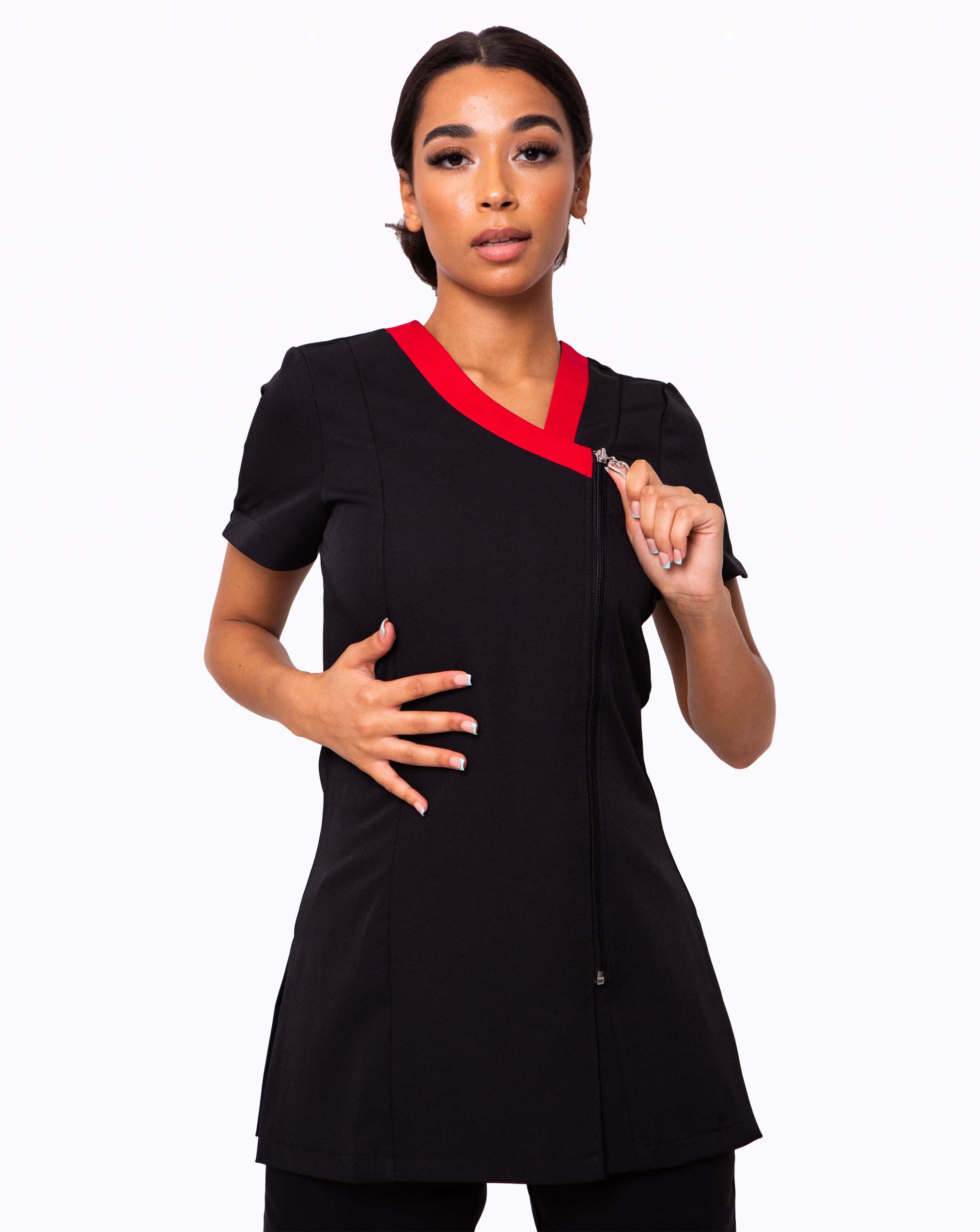 Ribbon Womens Black Beauty Asymmetrical Collar Tunic with Contrast Red ...