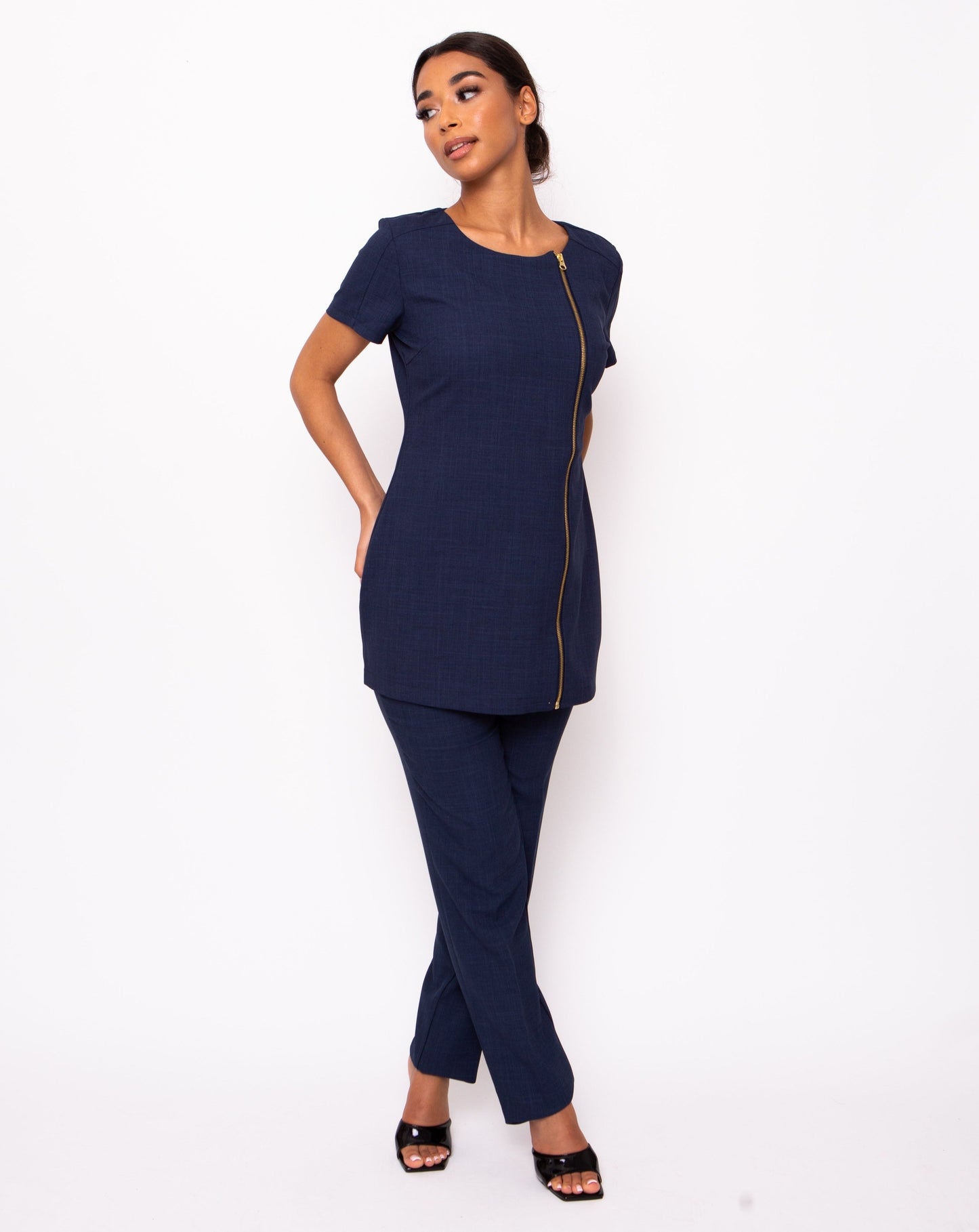 gold zip front navy blue tunic 