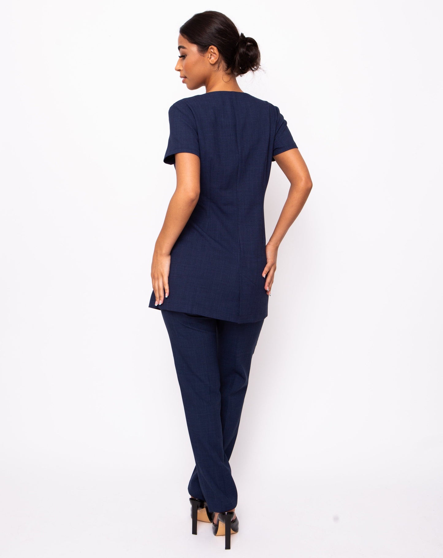 gold zip front navy blue tunic and trouser