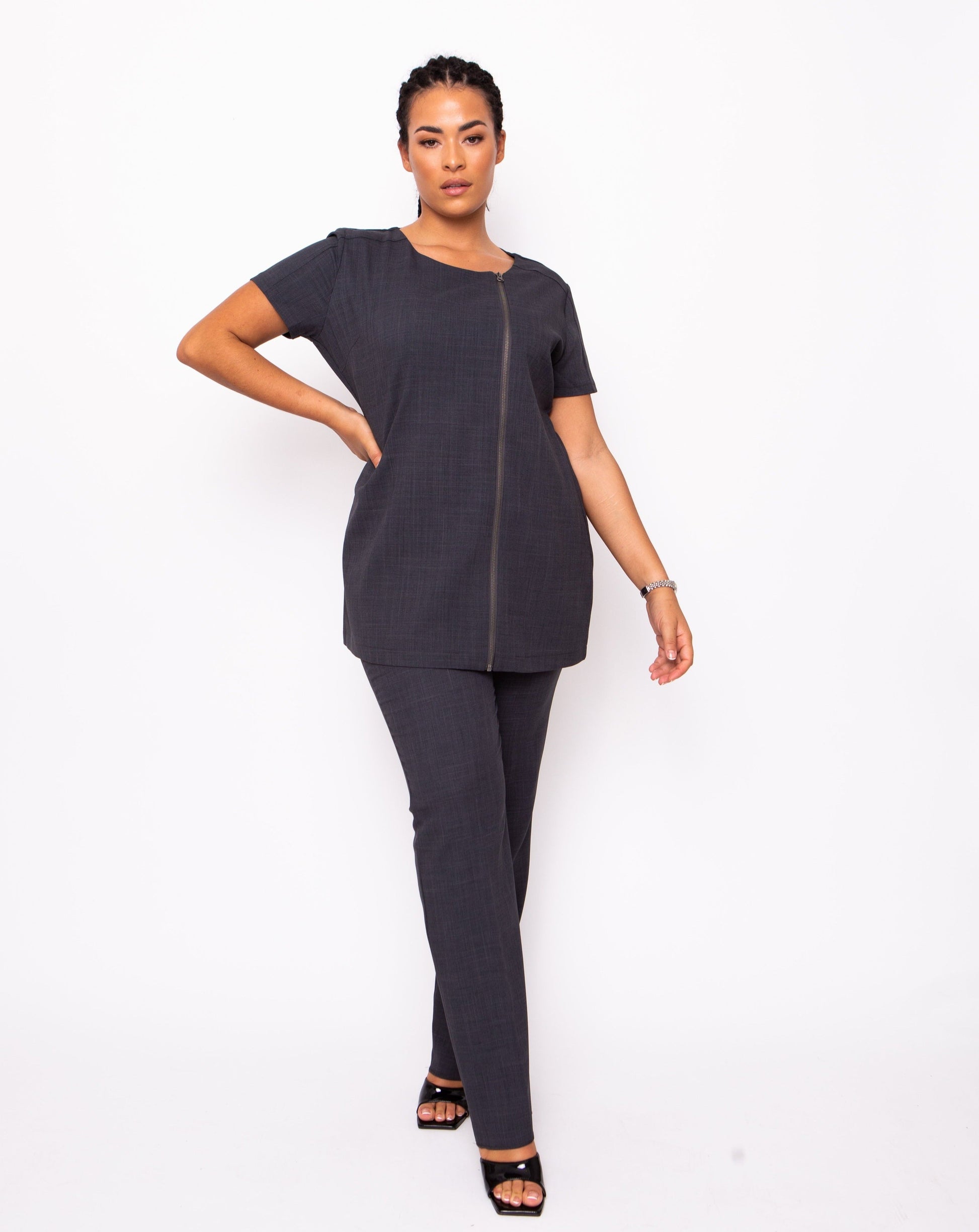 grey zip front beauty tunics and trouser