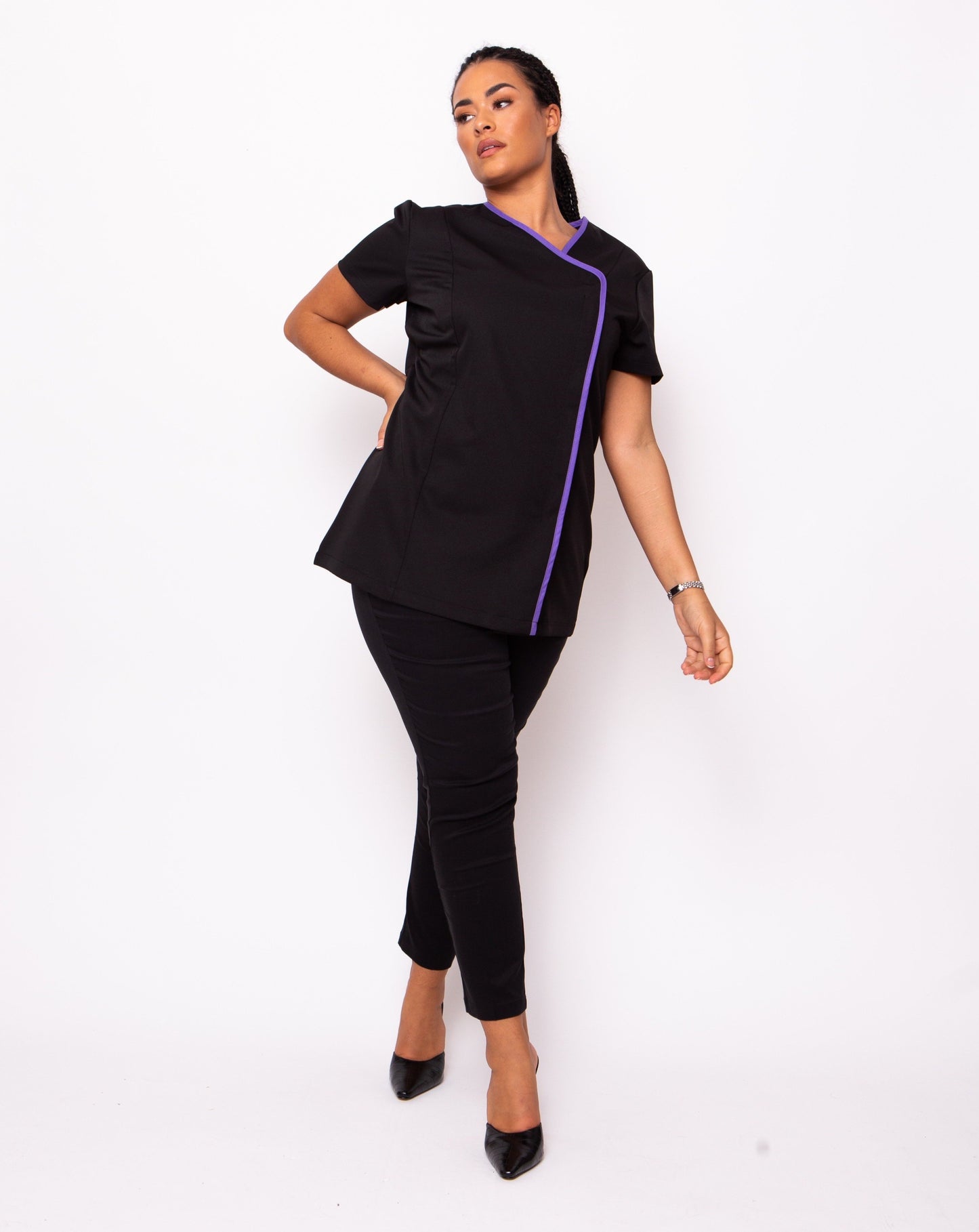 black and purple hairdressing tunic